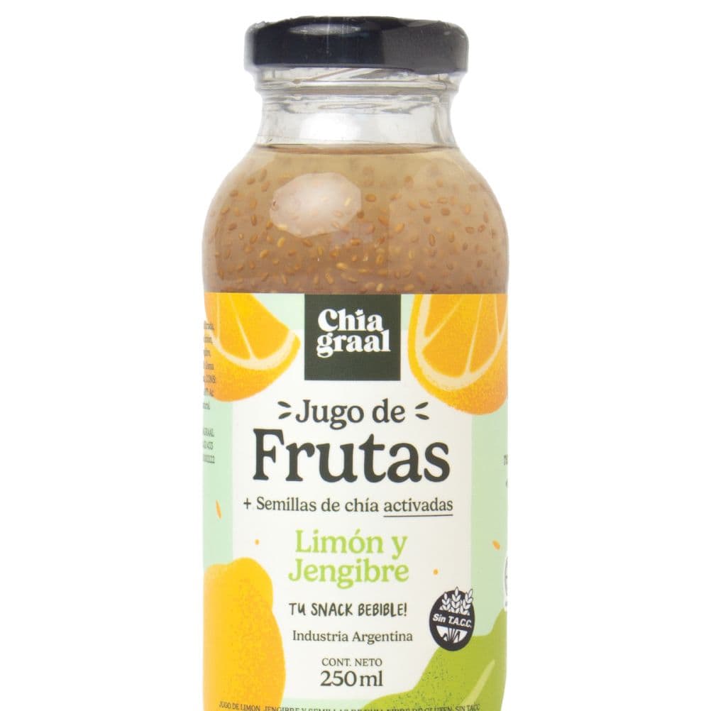 Jugo de frutas con semillas de chia Limón, menta, jengibre y chia Chia Graal